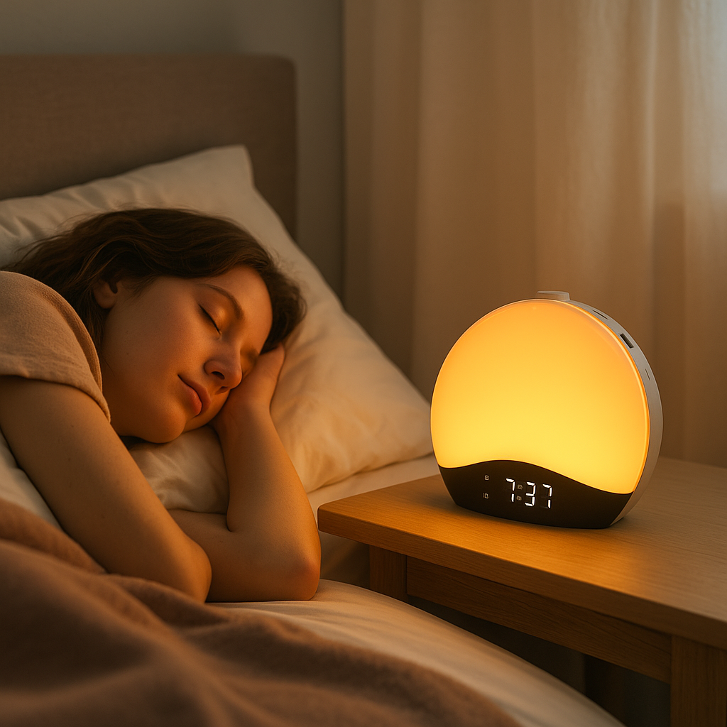 Femme endormie avec réveil lumineux tactile en mode lumière d’aube