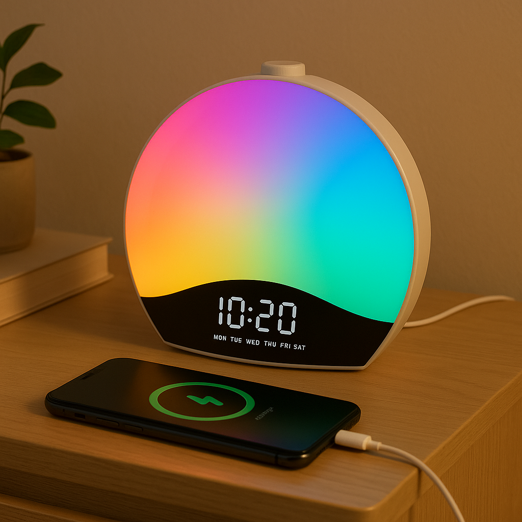 Réveil lumineux tactile avec port USB rechargeant un téléphone, lumière active