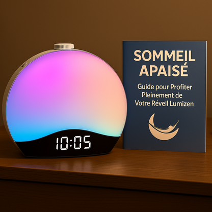Réveil lumineux tactile avec e-book offert “Sommeil Apaisé” posé à côté