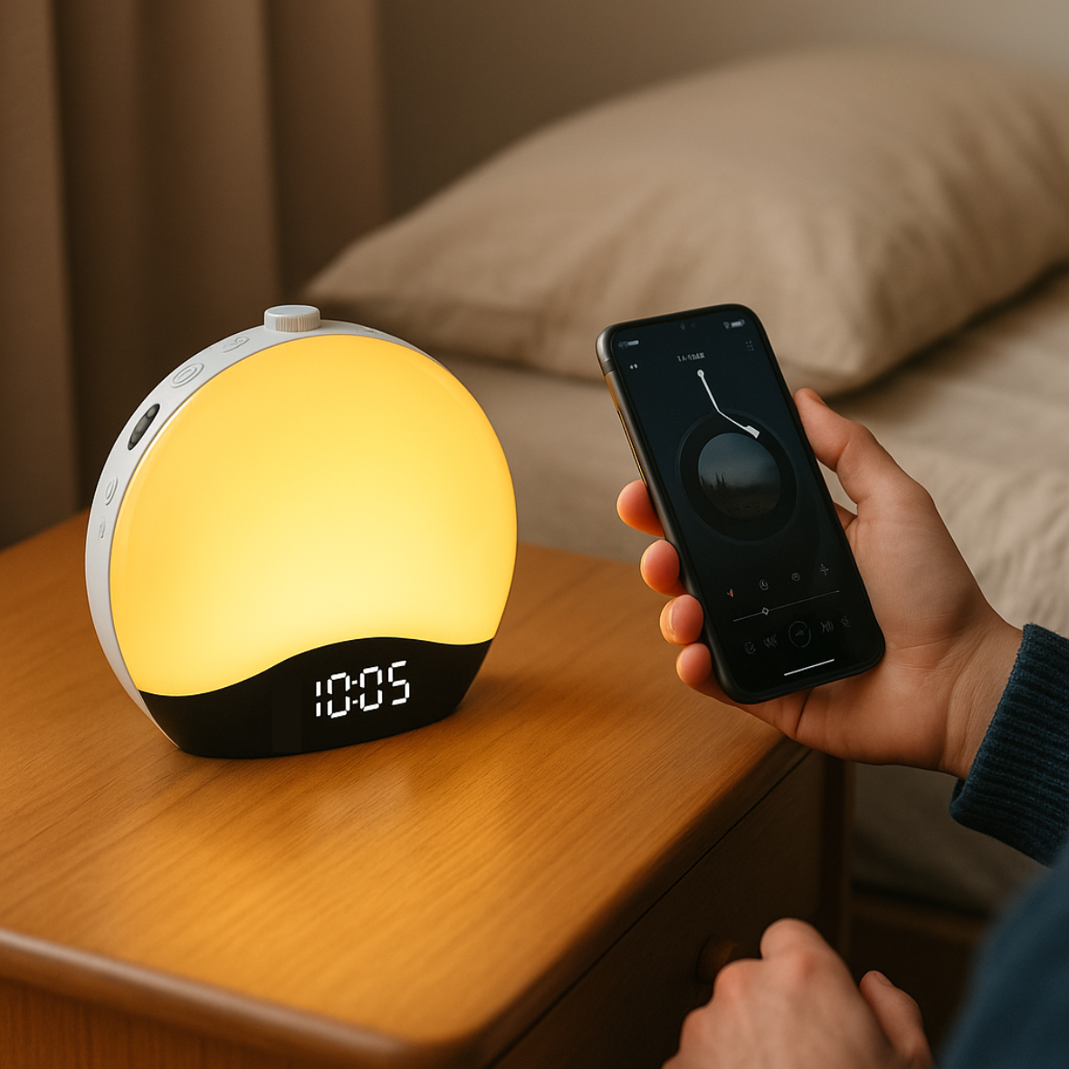 Réveil tactile connecté en Bluetooth avec smartphone en cours de lecture audio