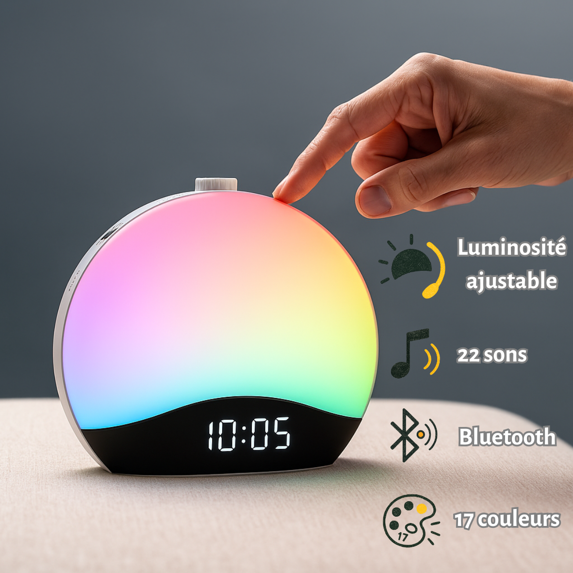 Réveil lumineux tactile avec icônes : 22 sons, Bluetooth, 17 couleurs, luminosité réglable