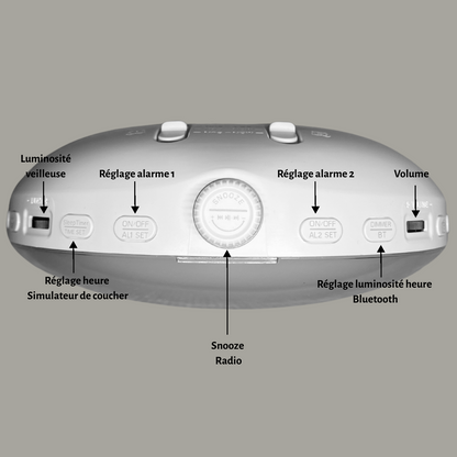 Vue du dessus du réveil lumineux tactile montrant les boutons de réglage et fonctions