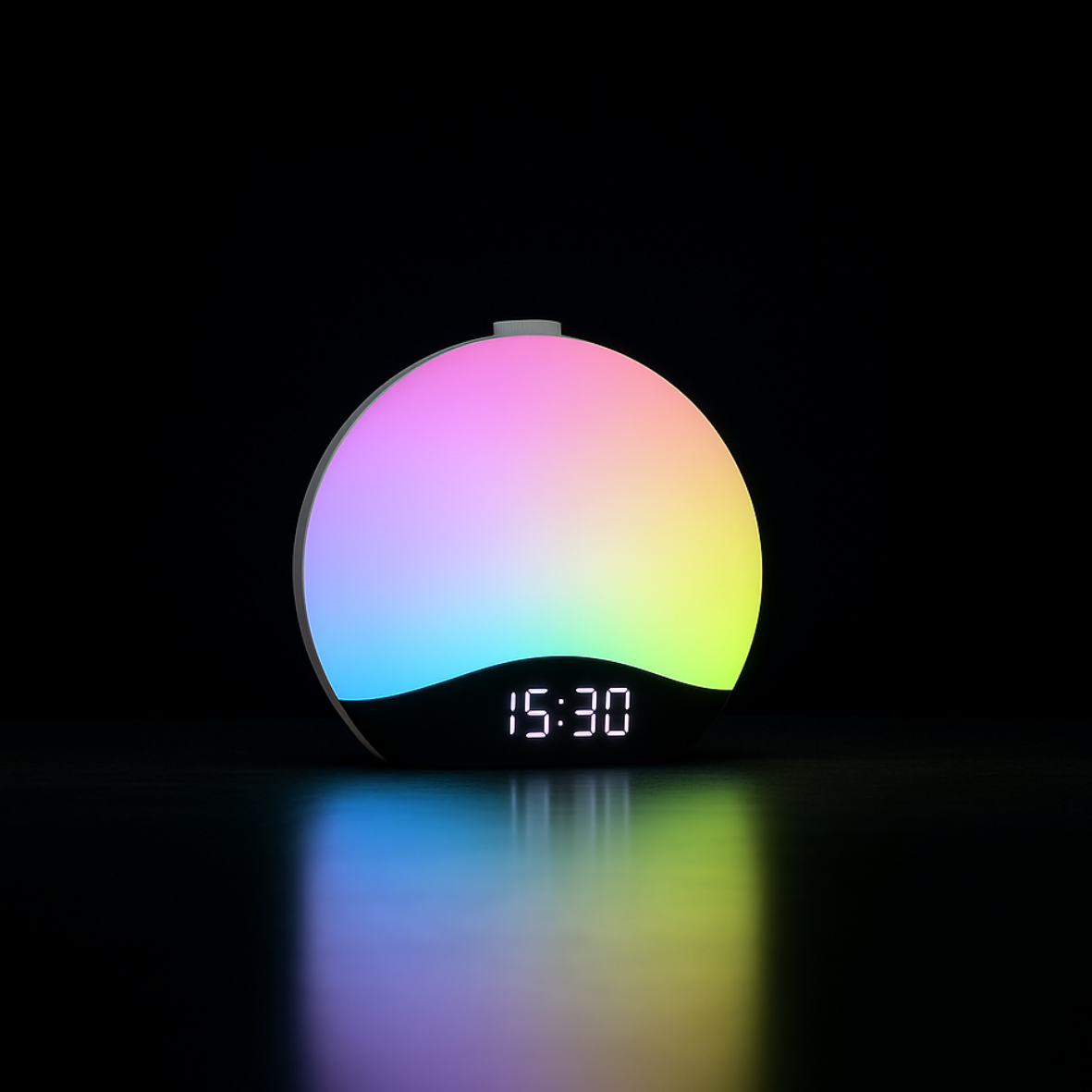 Réveil lumineux tactile multicolore posé sur une table de nuit