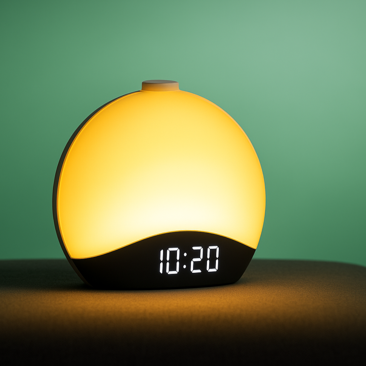 Réveil lumineux tactile allumé en jaune, affichant l’heure 10:20